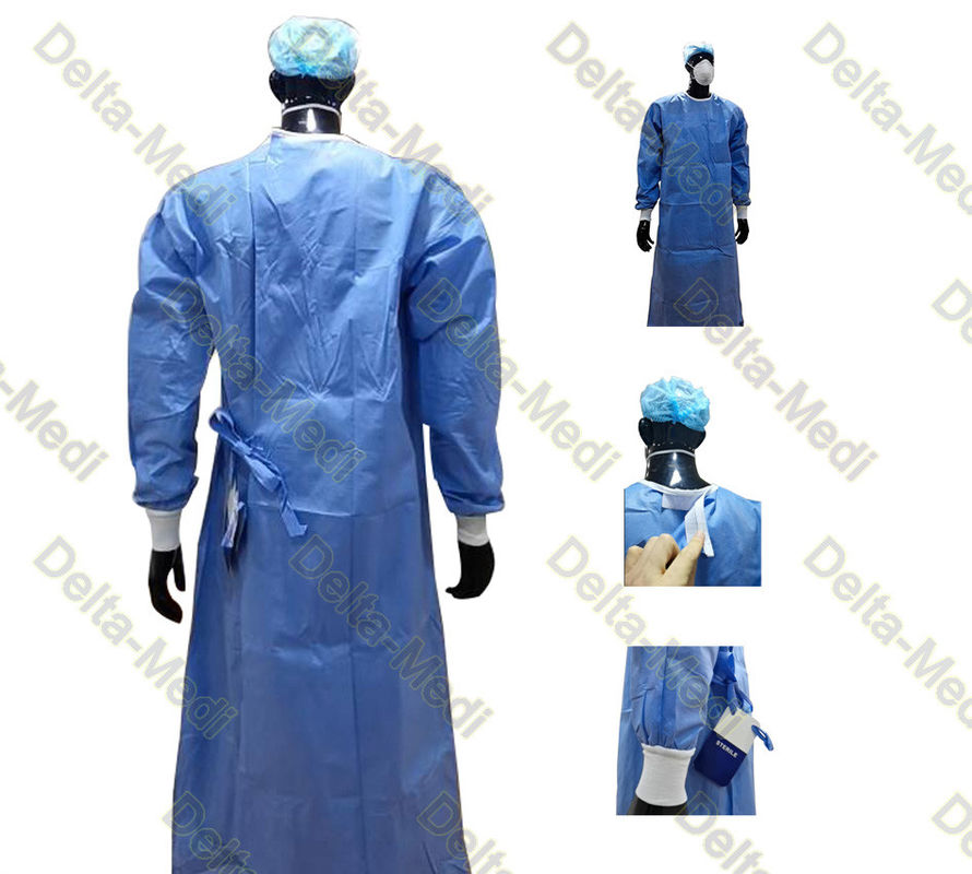 PP SMS Disposable Sterile Gown With Velcro On The Back Neck Knitted Cuff