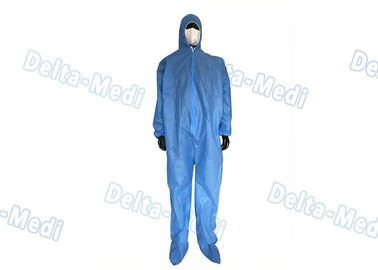 Hooded Blue Disposable Coveralls , Sterile Sms Disposable Chemical Coveralls