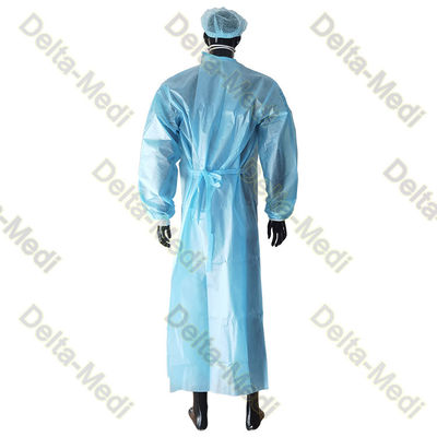 PP Coated PE Film Disposable Surgical Gown Velcro Collar Knitted Cuff 2 Belts