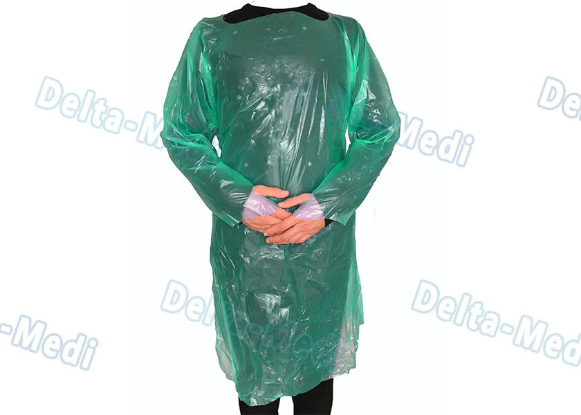 Green CPE Disposable Plastic Gowns , Anti Liquid Long Sleeve Hospital Gowns