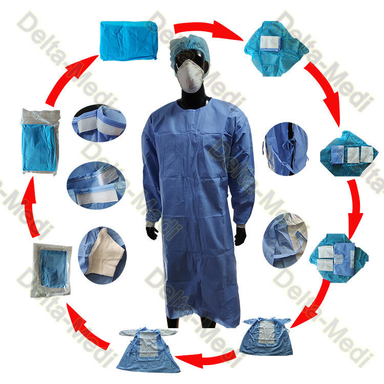 SMS 45gsm Sterile Disposable Surgical Gown With Double Layers Packing