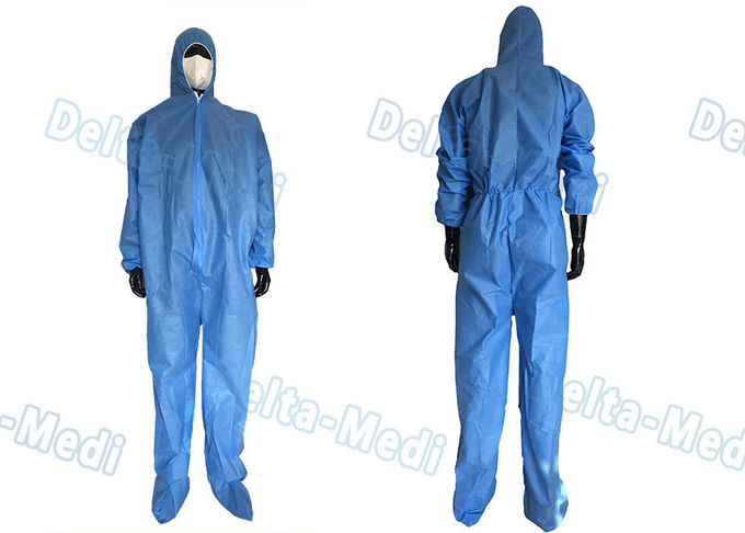Safe Disposable Coverall Suit , SMS Disposable Blue Coveralls With Hood / Boots Integral 0